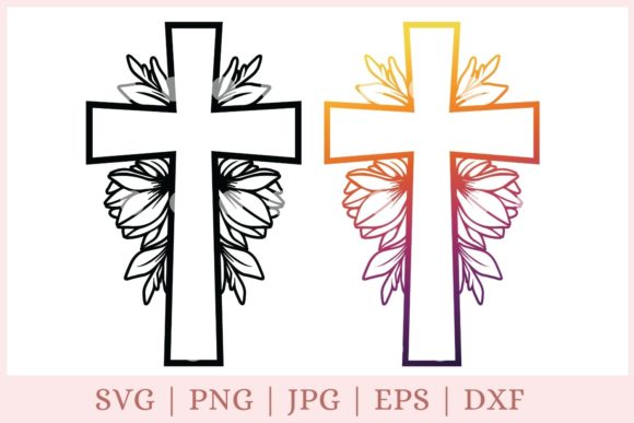 Cross with Flowers, Floral Cross Graphics for Print Templates