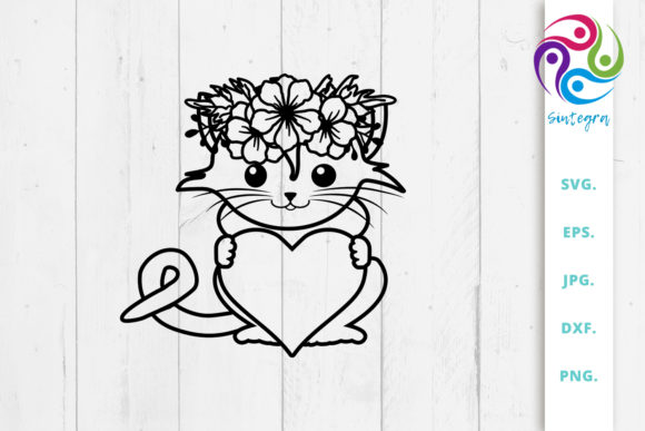 Floral Cat with Heart Svg File for Graphics and Crafts